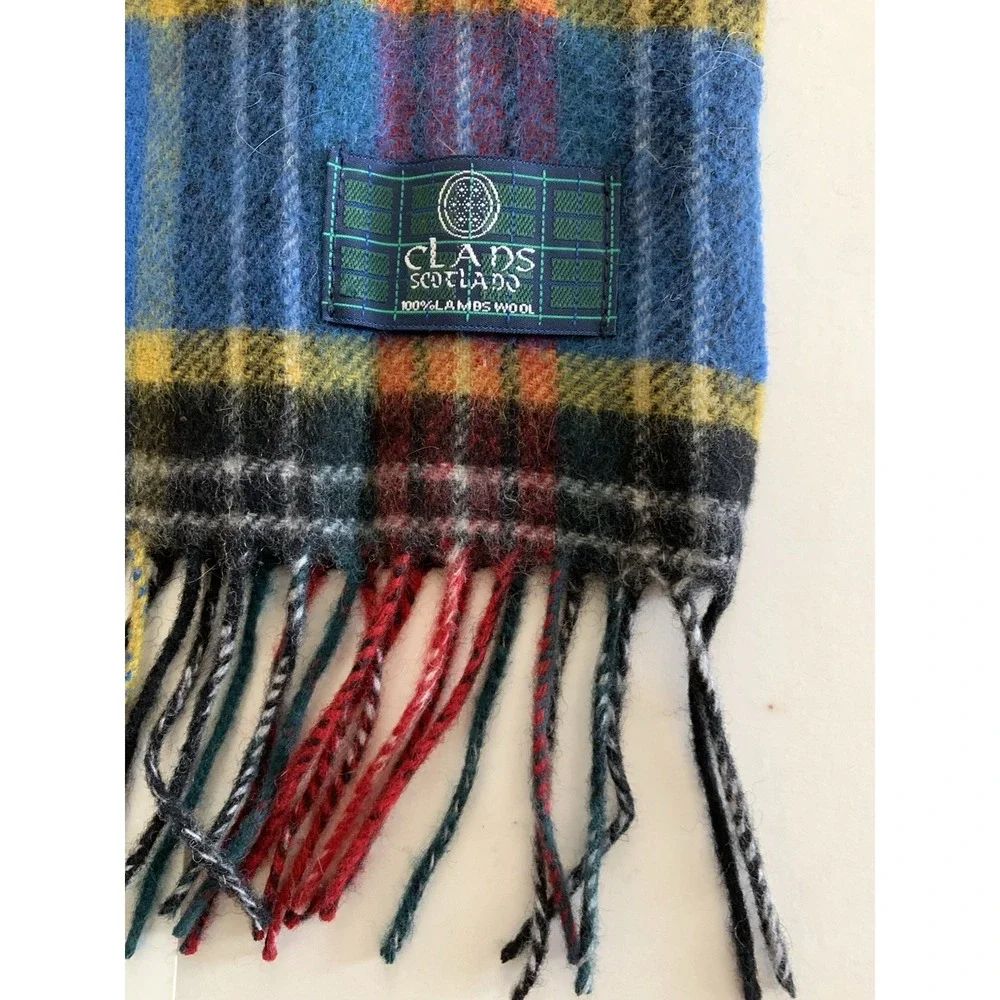 Clans Scotland 100% Lambswool Tartan Plaid Scarf Blue Red Wool Fringe 58
